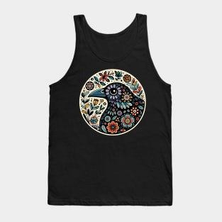 Whimsical folk art, loves crows, loves birds, crows, raven, a guardian of nature, sits among flowers, evoking a sense of protection. Tank Top